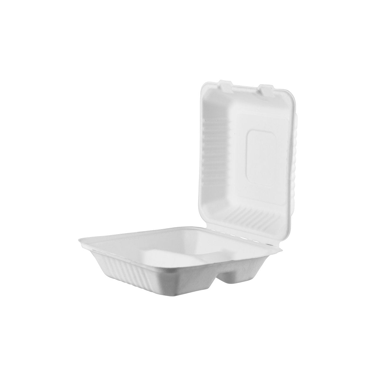 A-SH08-3 PacTrading Sugarcane Takeaway Clamshells 3 Compartment 203x203x58 Leisure Coast Hospitality Environmentally Friendly Disposable Takeaway Food Packaging