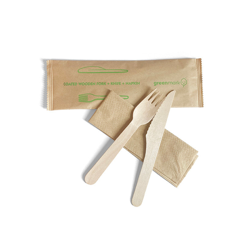 CW-FKN Coated Wooden Cutlery Pack - Fork, Knife, Napkin) Leisure Coast Hospitality Supplies