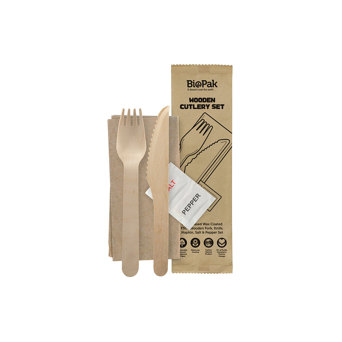 HY-16KFNSP Biocutlery Wooden Cutlery Cutlery Set (Fork, Knife, Napkin, Salt & Pepper) 160mm Leisure Coast Hospitality & Packaging Supplies