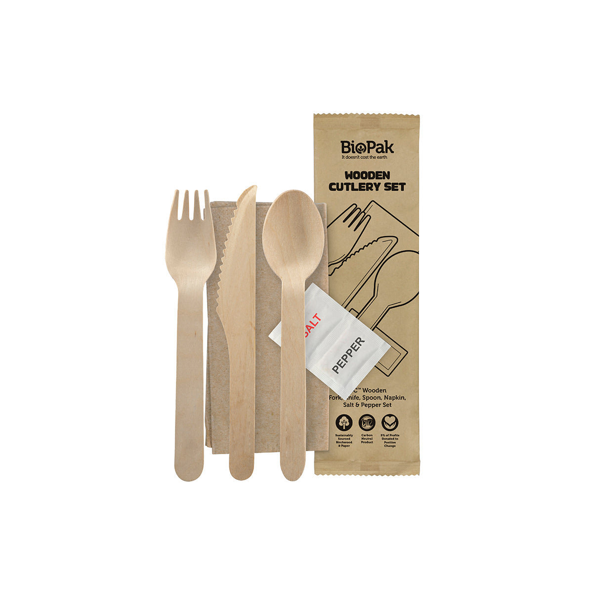 HY-16KFSNSP Biocutlery Wooden Cutlery Cutlery Set (Fork, Knife, Spoon, Napkin, Salt & Pepper) 160mm Leisure Coast Hospitality & Packaging Supplies