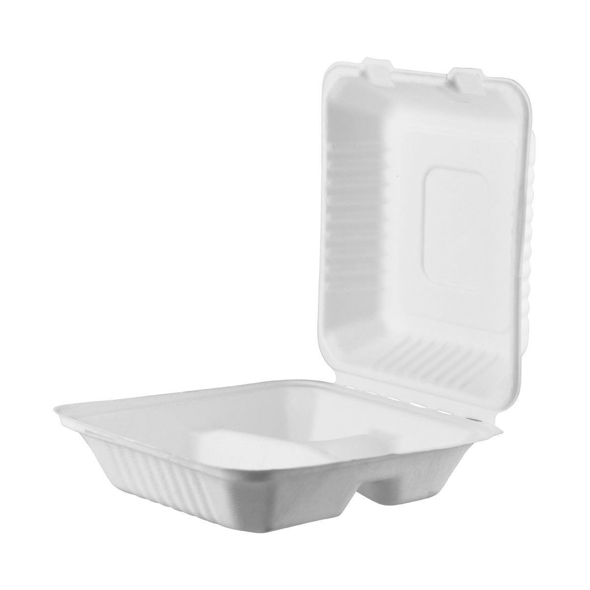 P-SH09-3 PacTrading Sugarcane Takeaway Clamshells 3 Compartment 229x229x80 Leisure Coast Hospitality Environmentally Friendly Disposable Takeaway Food Packaging