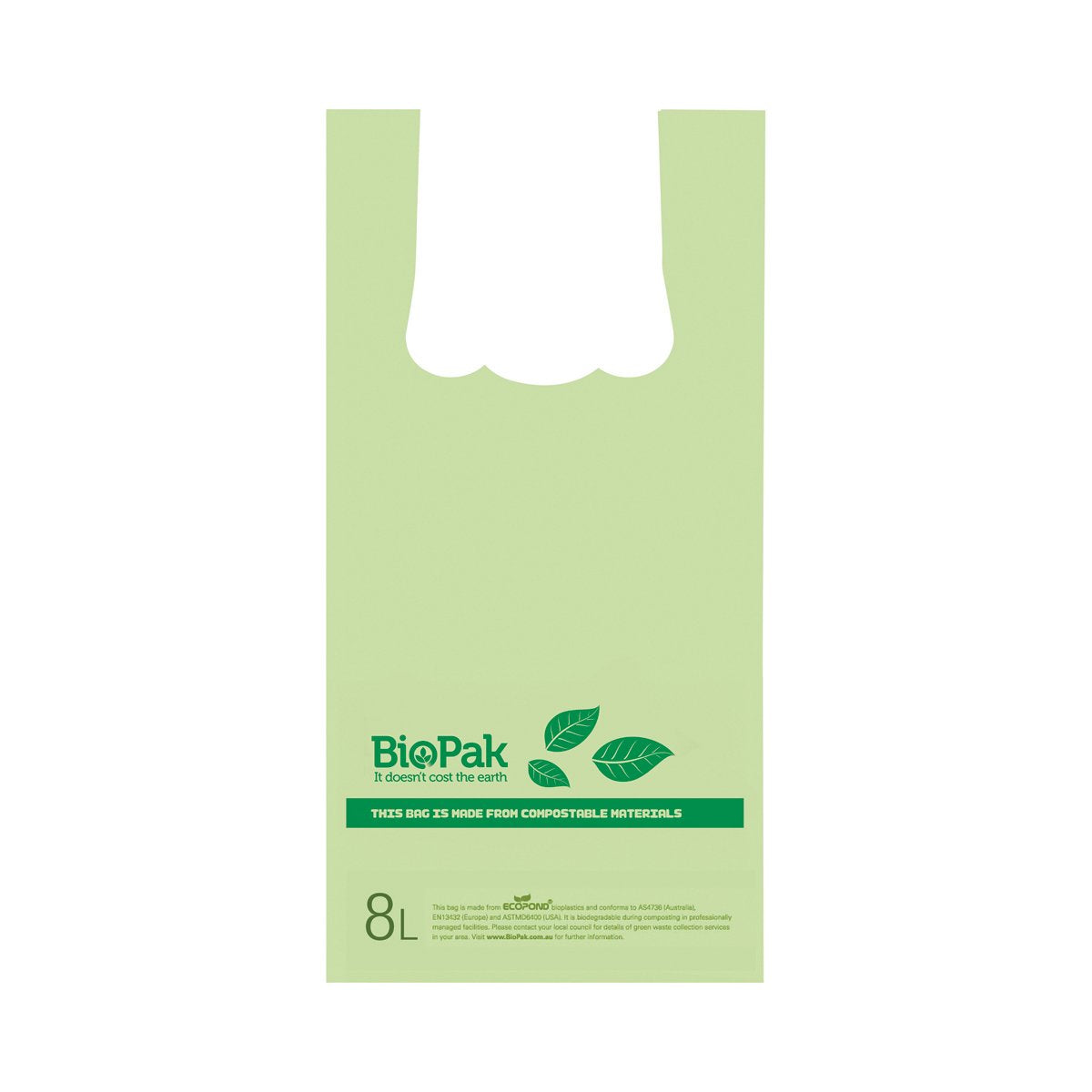 PSB-C-0001 BioPlastic Singlet Bag 8Lt / 4kg Product dimensions: 395mm L x 190mm W x 50mm gusset Leisure Coast Hospitality & Packaging Supplies
