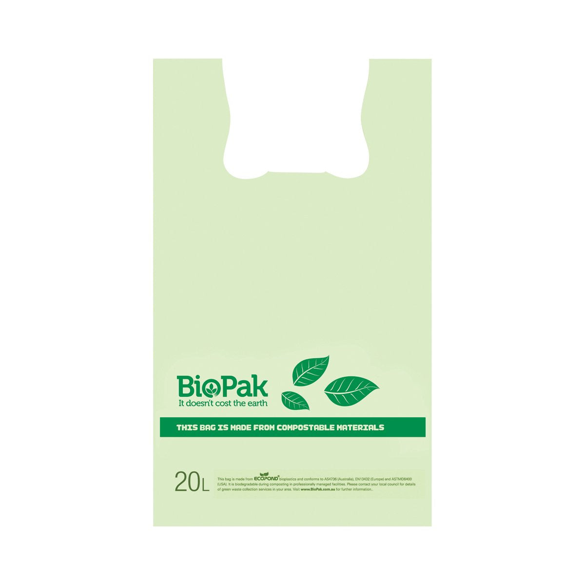 PSB-C-0005 BioPlastic Singlet Bag 20Lt / 5-6kg Product size: 520mm L x 300mm x 100 gusset Leisure Coast Hospitality & Packaging Supplies