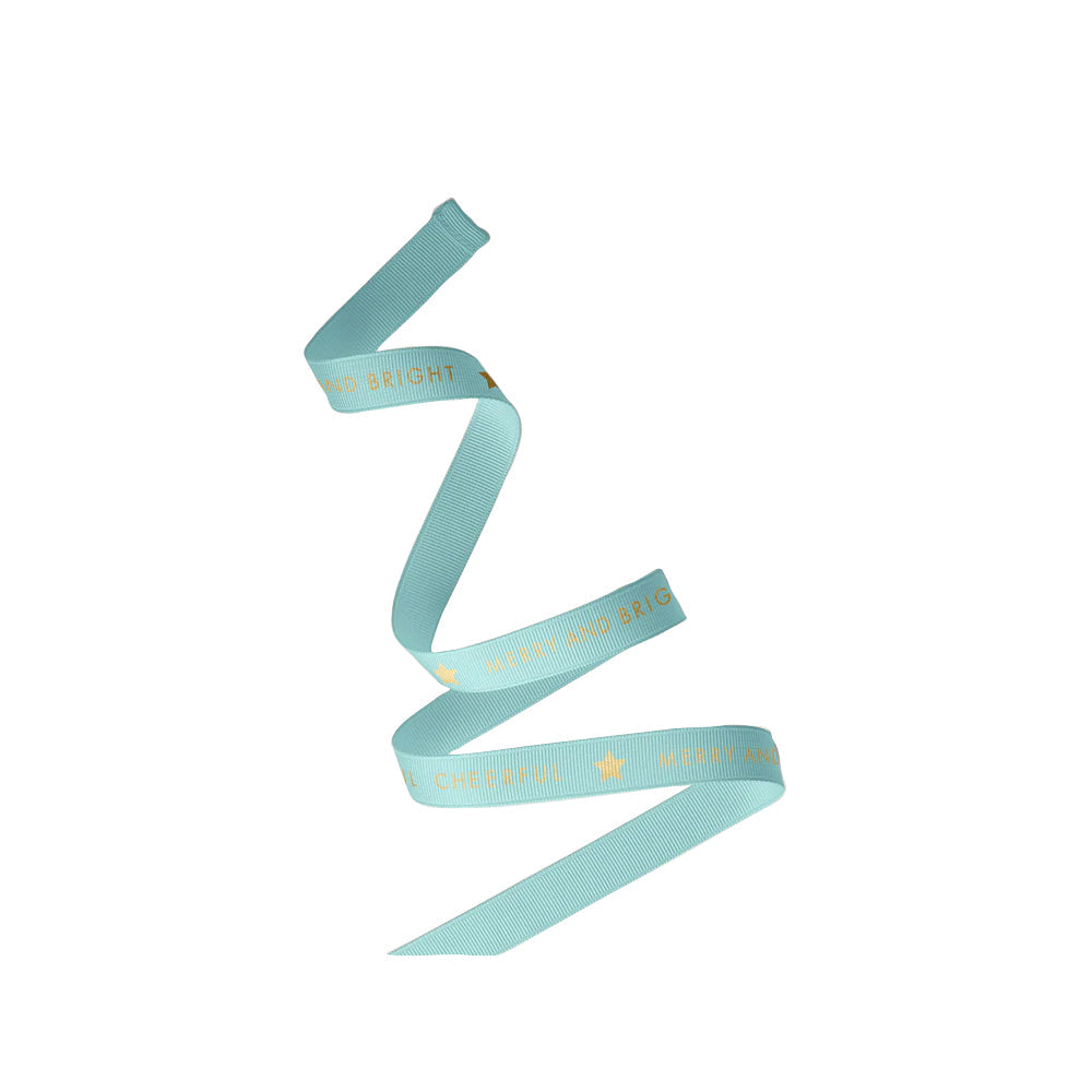 RB XG10 AG Ribbon - Christmas Cheer Grosgrain Gold on Aqua Leisure Coast Hospitality & Packaging Supplies