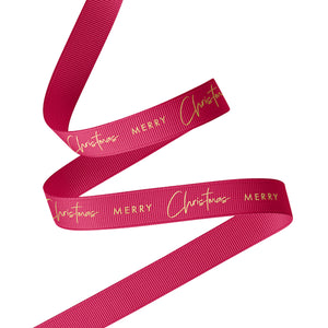 RB XG16 RG Ribbon - Merry Christmas Grosgrain Gold on Red  Leisure Coast Hospitality & Packaging Supplies