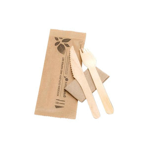 W-FKN PacTrading Wooden Cutlery Pack (Fork / Knife / Napkin) Leisure Coast Hospitality Environmentally Friendly Disposable Takeaway Food Packaging