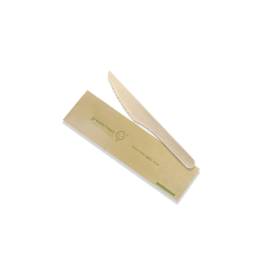 WK165IW Wooden Knife Individually Wrapped Leisure Coast Hospitality Environmentally Friendly Disposable Takeaway Food Packaging