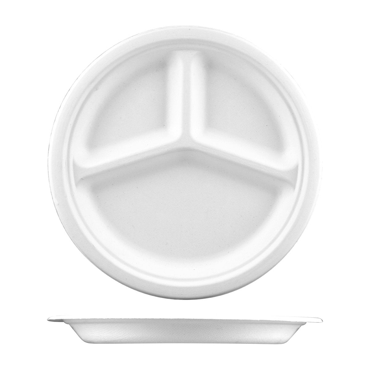 YP10-1 PacTrading Sugarcane Round Plate 3 Compartment 254mm / 10" Leisure Coast Hospitality Environmentally Friendly Disposable Takeaway Food Packaging