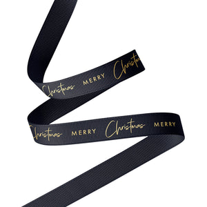 RB XG16 BG Ribbon - Merry Christmas Grosgrain Glod on Black Leisure Coast Hospitality & Packaging Supplies