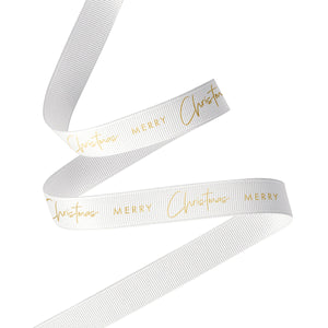 RB XGG16 WG Ribbon - Merry Christmas Grosgrain Gold on White Leisure Coast Hospitality & Packaging Supplies