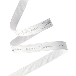 RB XG16 WS Ribbon - Merry Christmas Grosgrain Silver on White Leisure Coast Hospitality & Packaging Supplies