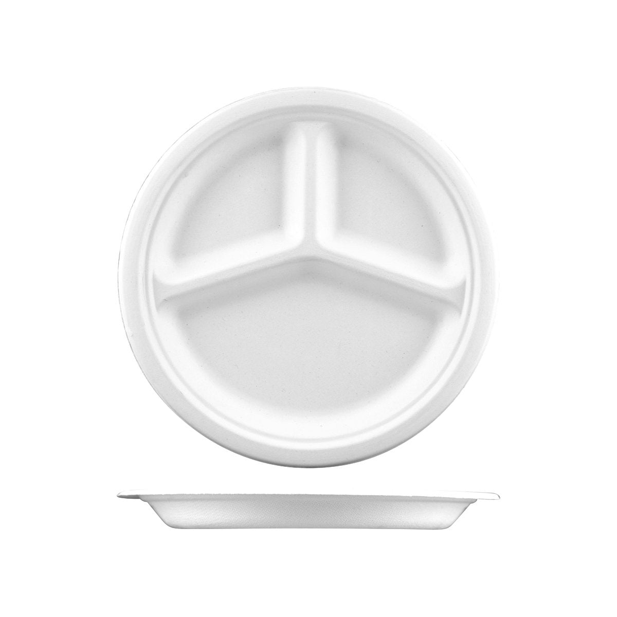 YP09-1 PacTrading Sugarcane Round Plate 3 Compartment 225mm / 9" Leisure Coast Hospitality Environmentally Friendly Disposable Takeaway Food Packaging